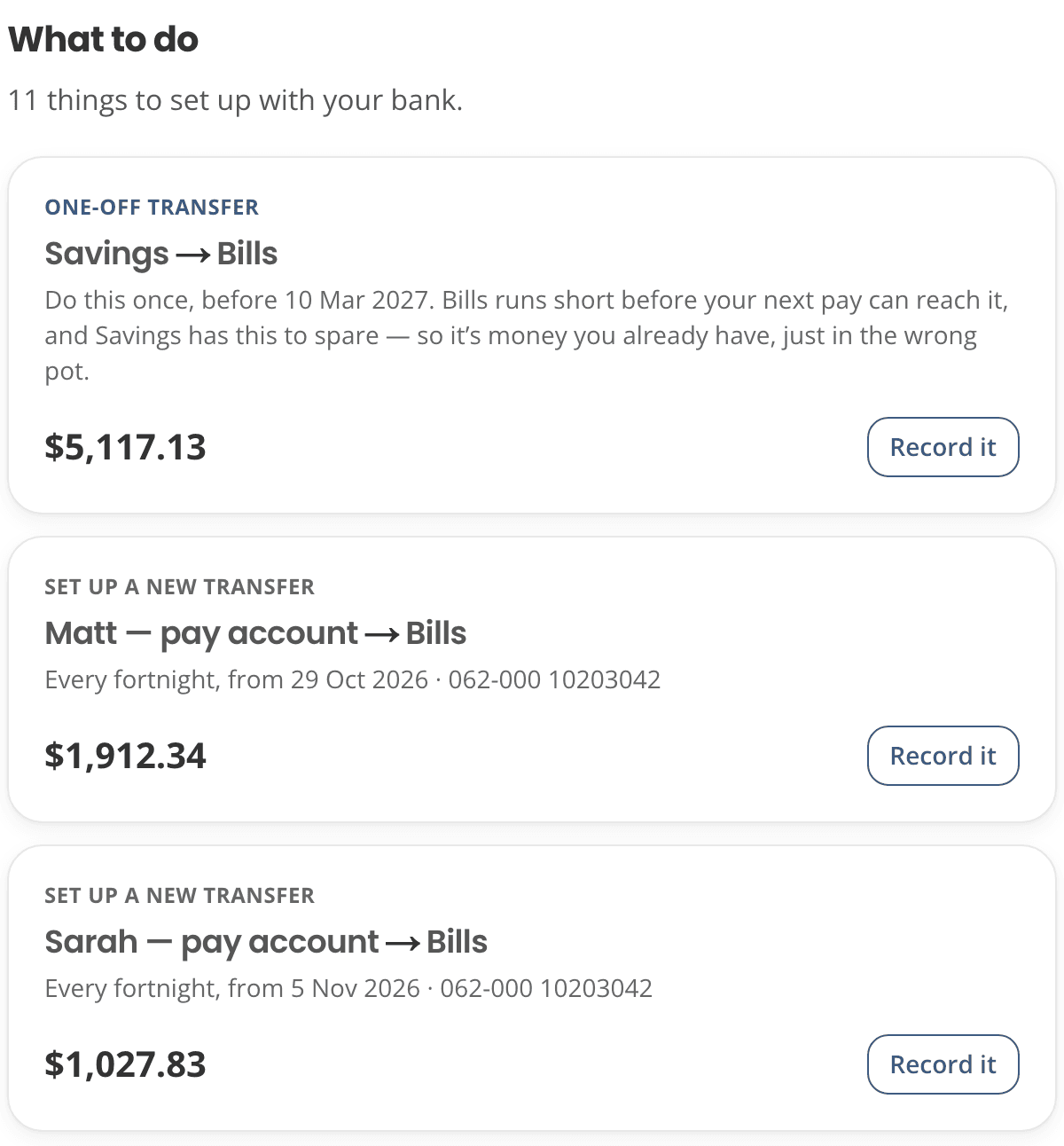 The plan's list of transfers to set up: a one-off $5,117.13 from Savings to Bills before 10 March, then $1,912.34 from Matt's pay account and $1,027.83 from Sarah's into Bills every fortnight.